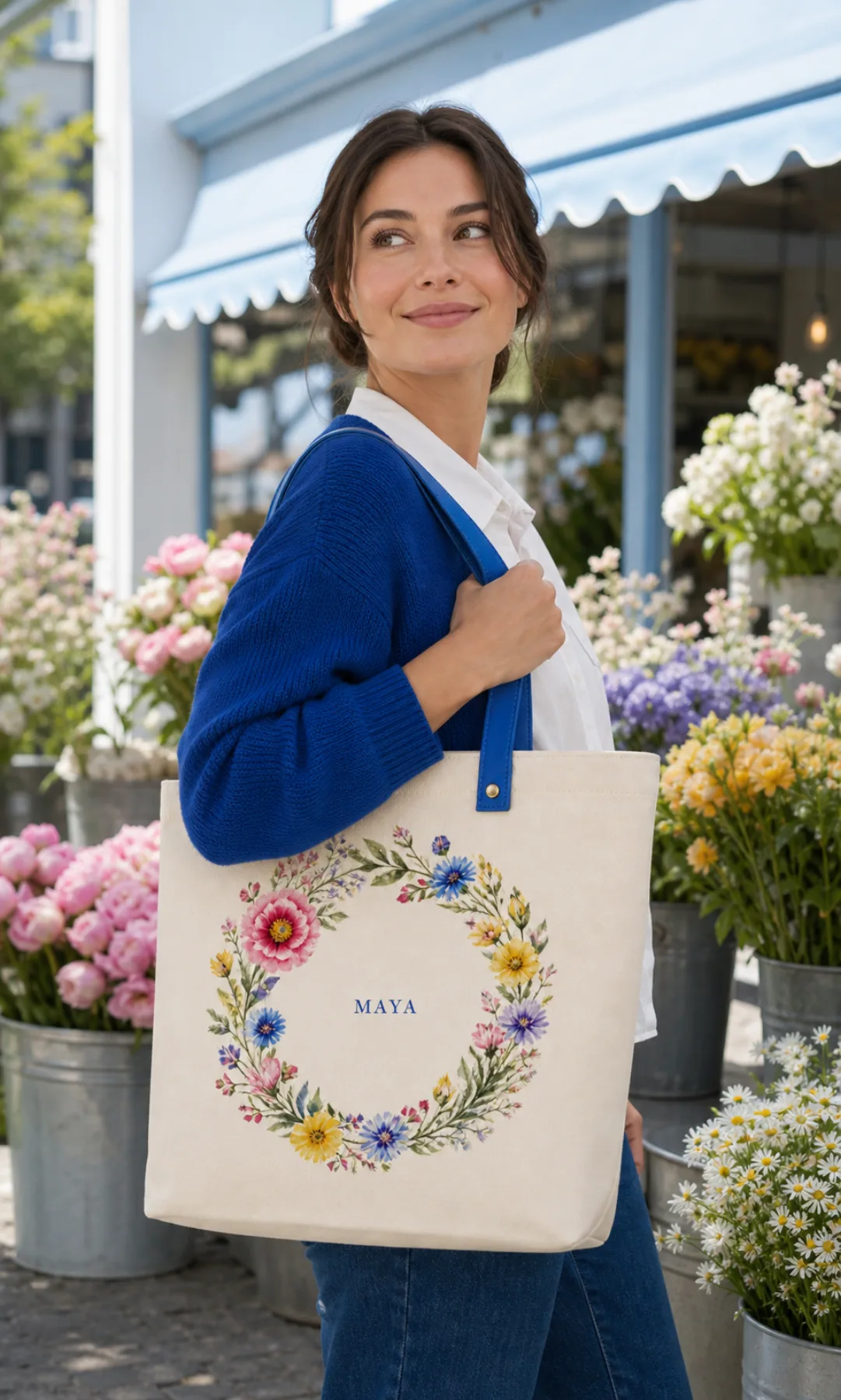 AI-generated adult model carrying a personalized Birth Bloom tote