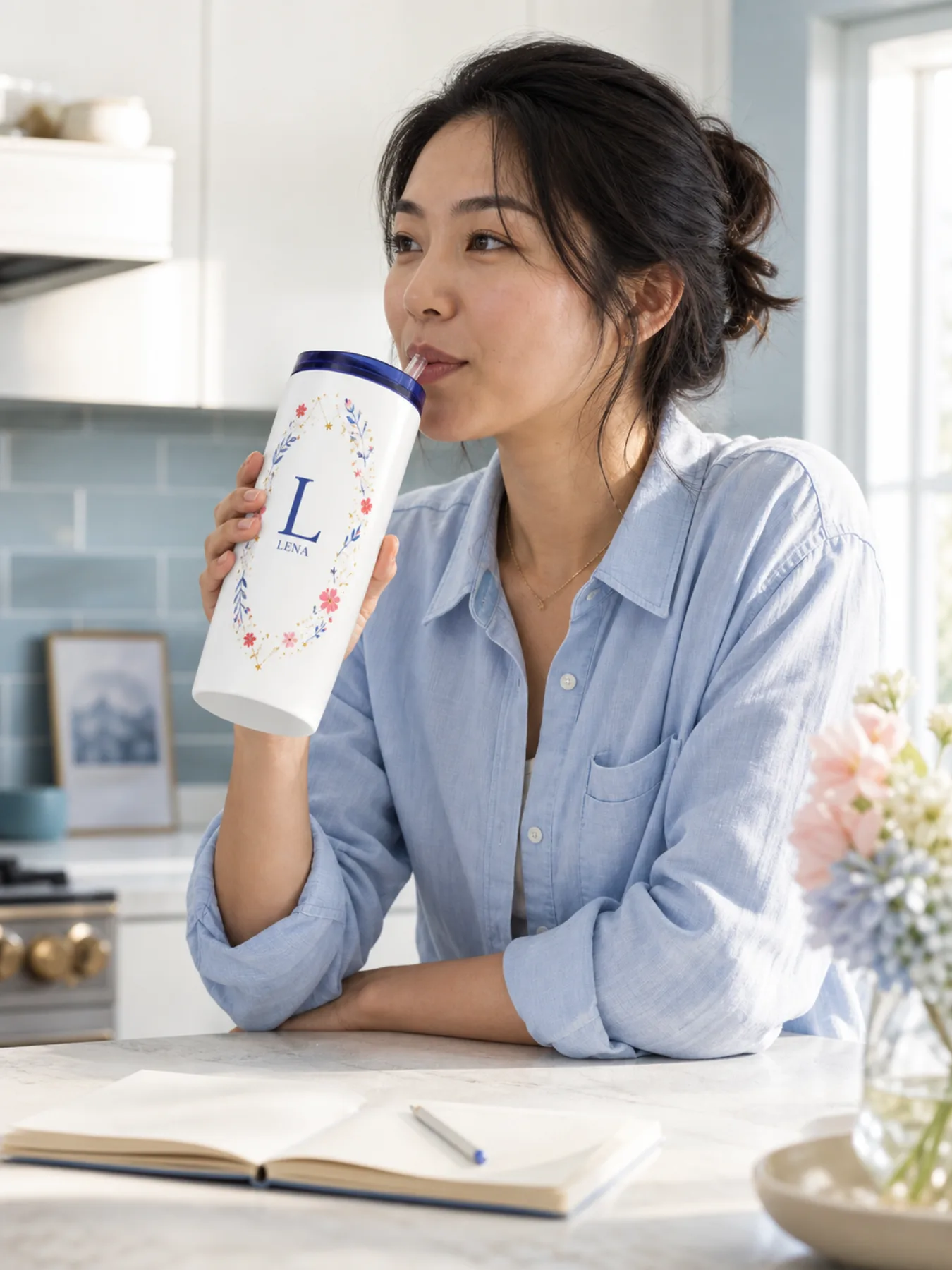 AI-generated adult model holding a personalized tumbler